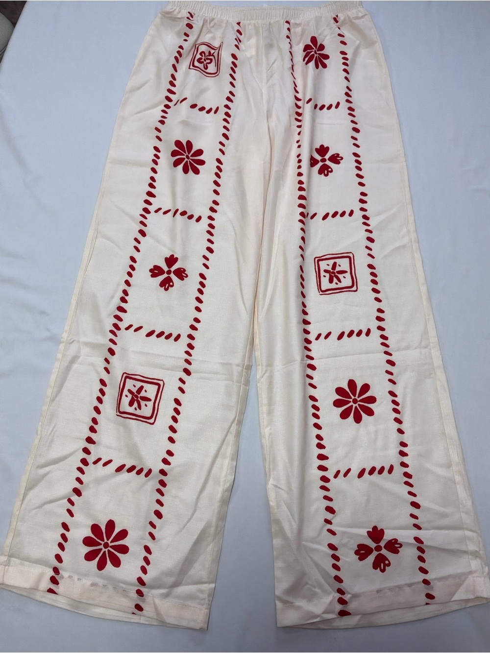 Women's Cream Wide-Leg Pants with Red Floral Embroidery